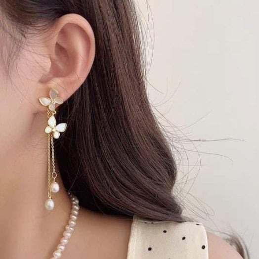 Unique Design Elegant Delicate Pearl Butterfly Tassel Earrings
